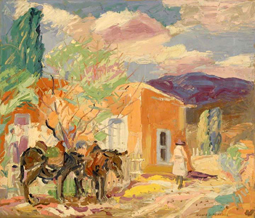 Painting of Tethered Mules in Santa Fe